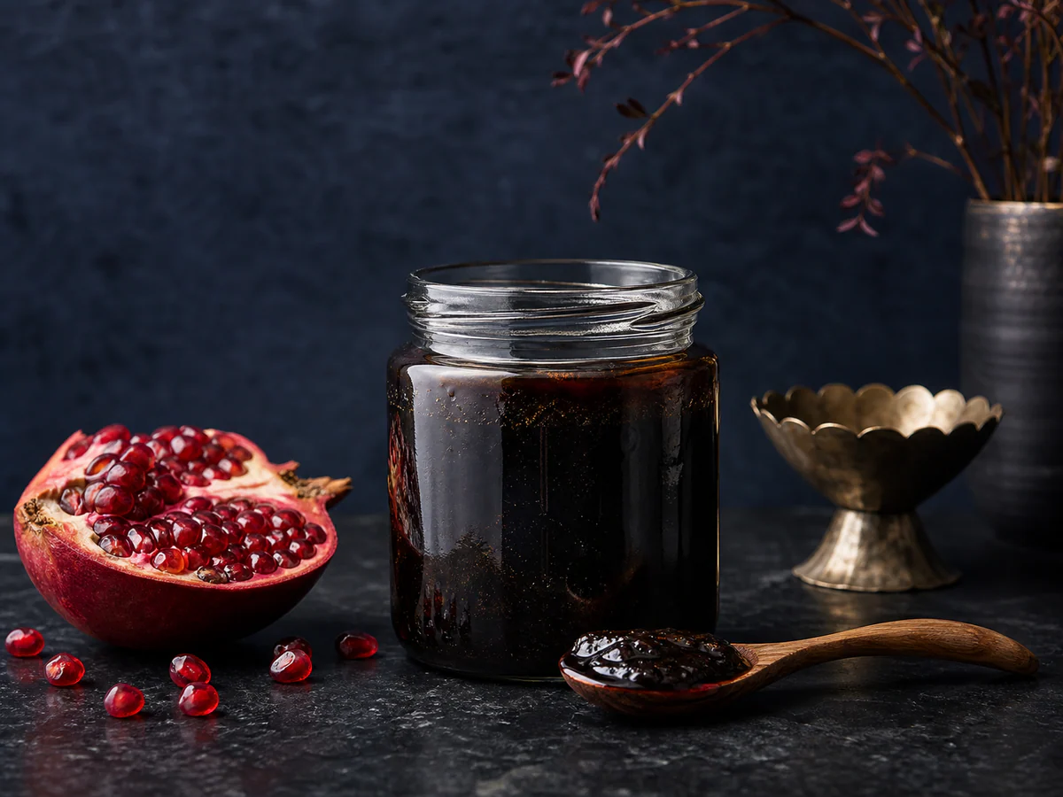 شیشه رب انار ترش جنگلی کنار انار تازه و قاشق چوبی