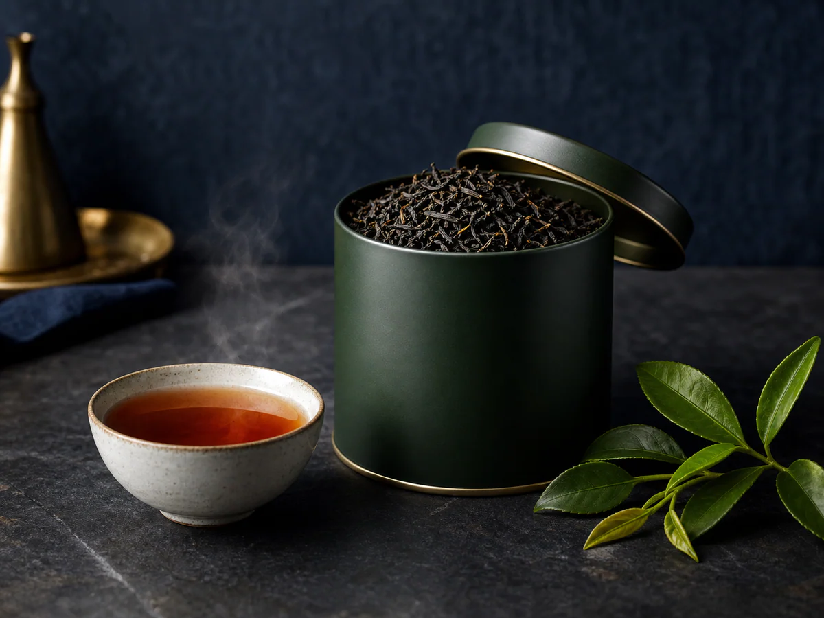 چای بهاره لاهیجان در قوطی سبز کنار فنجان چای